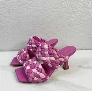 Marc Fisher Toree Sandals Mules Heeled Square Toe Puff Braided Pink Vegan 6.5